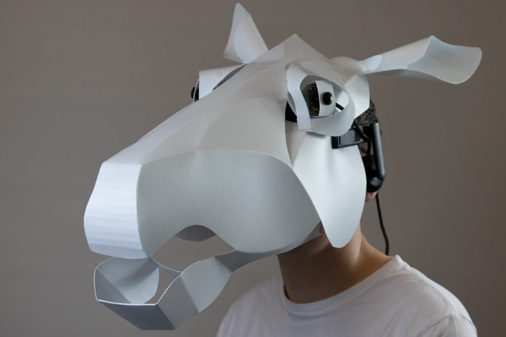 The headset uses two USB cameras which are filtered live using Unity and fed into a commercial VR headset